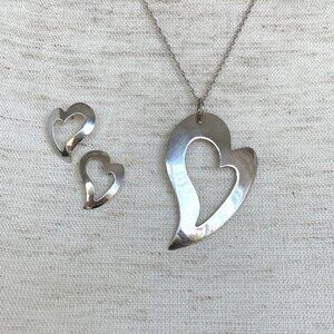 Sterling Silver 925 1.8" Open Heart Pendant Necklace & Stud Earring Set 18" Rope